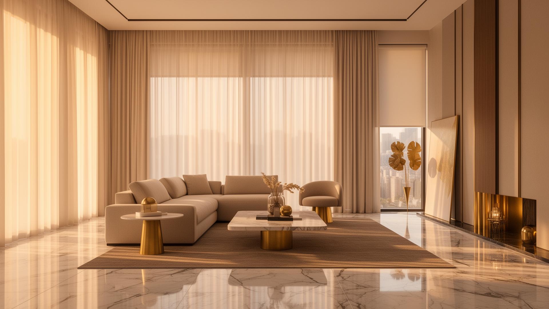 Sala de estar de lujo con cortinas y persianas premium